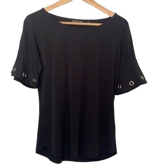 New York & Company Small Black Short Sleeve Dressy Blouse Silver Grommet - Picture 1 of 7